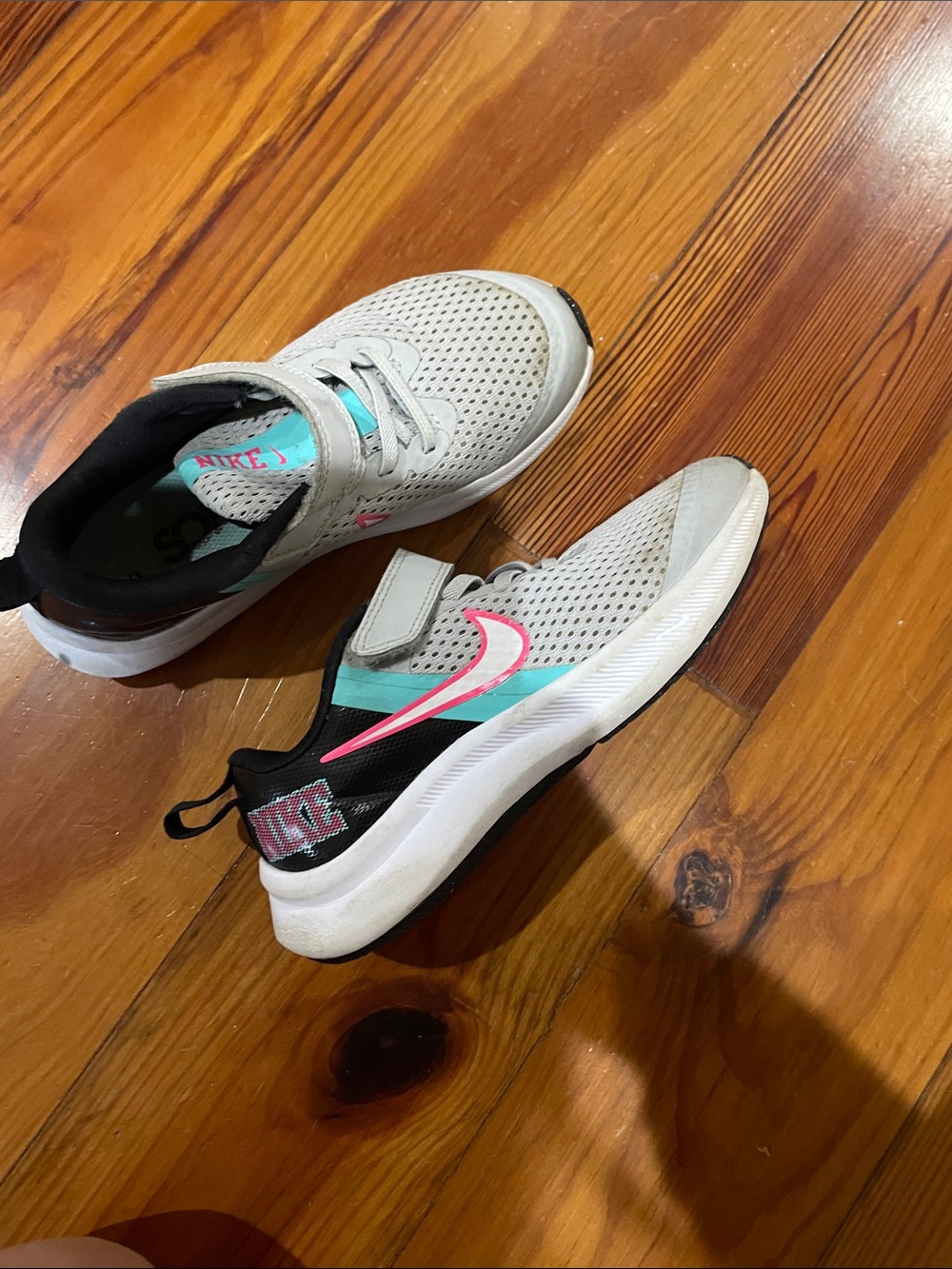 Nike Kids Light Gray Sneakers with Aqua and Pink Accents - Picture 2 of 4